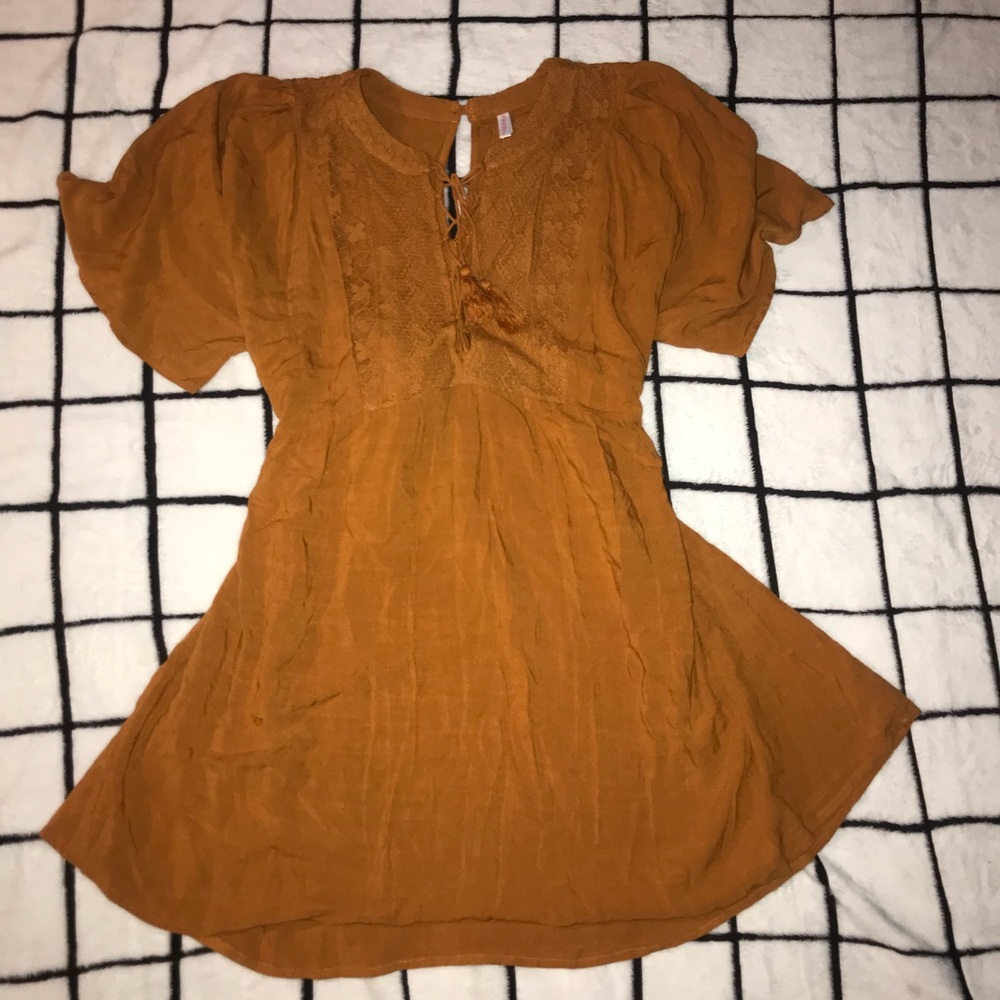 Boho dark mustard dress with tie - Picture 6 of 6